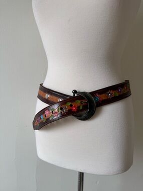 Vintage Hand Painted Floral Leather Belt Brown Boho Statement Wide Belt